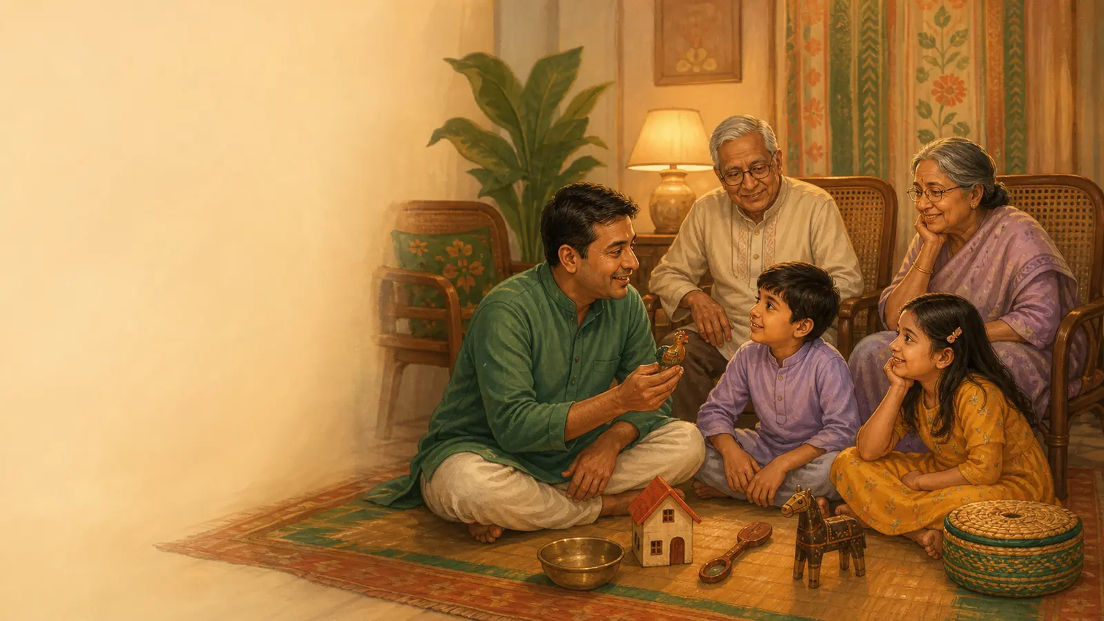 Parent-child connection ও family culture নিয়ে parent ও শিশুর calm family illustration