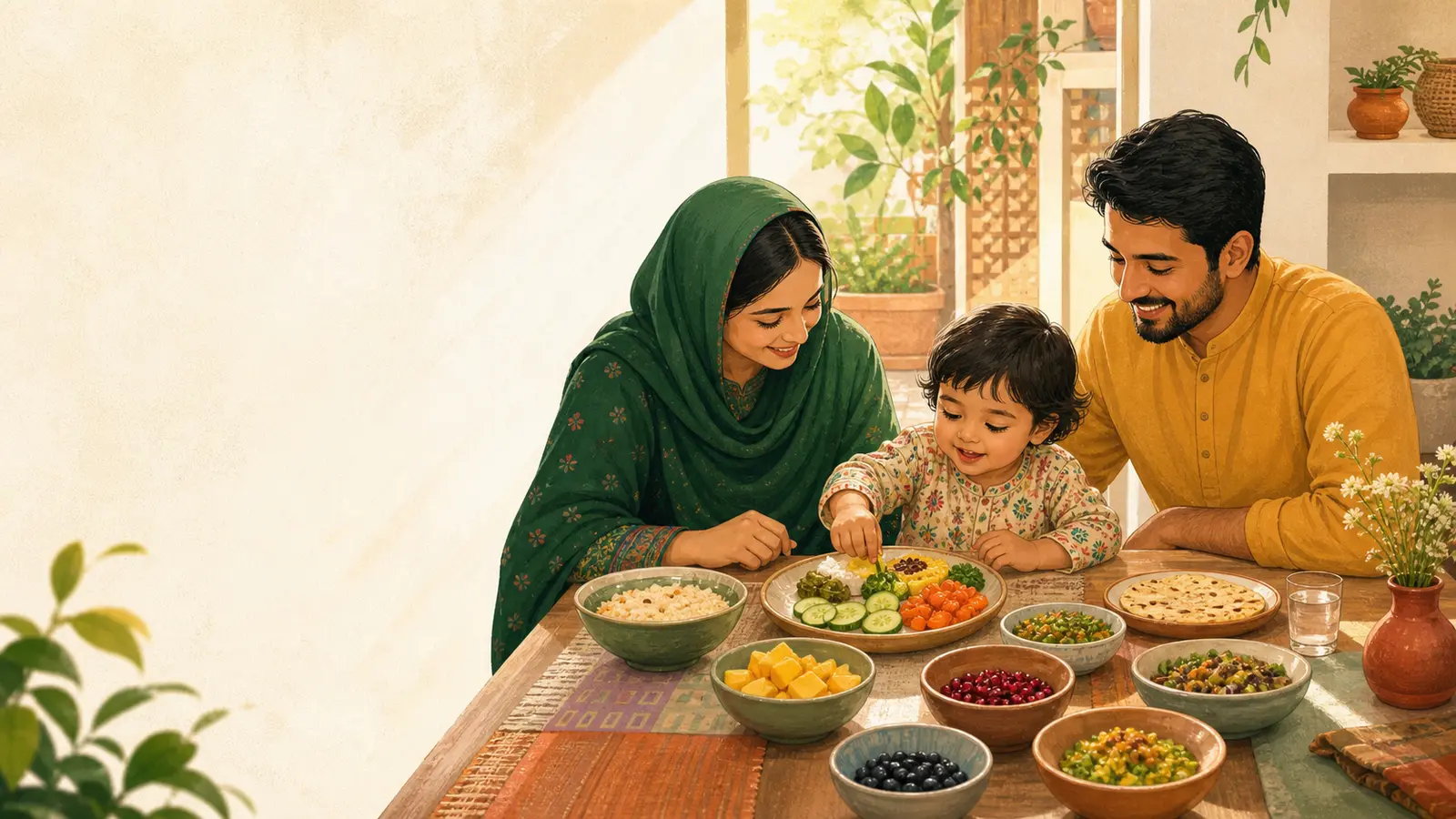 Mealtime, food exploration ও family rhythm নিয়ে parent ও শিশুর calm family illustration