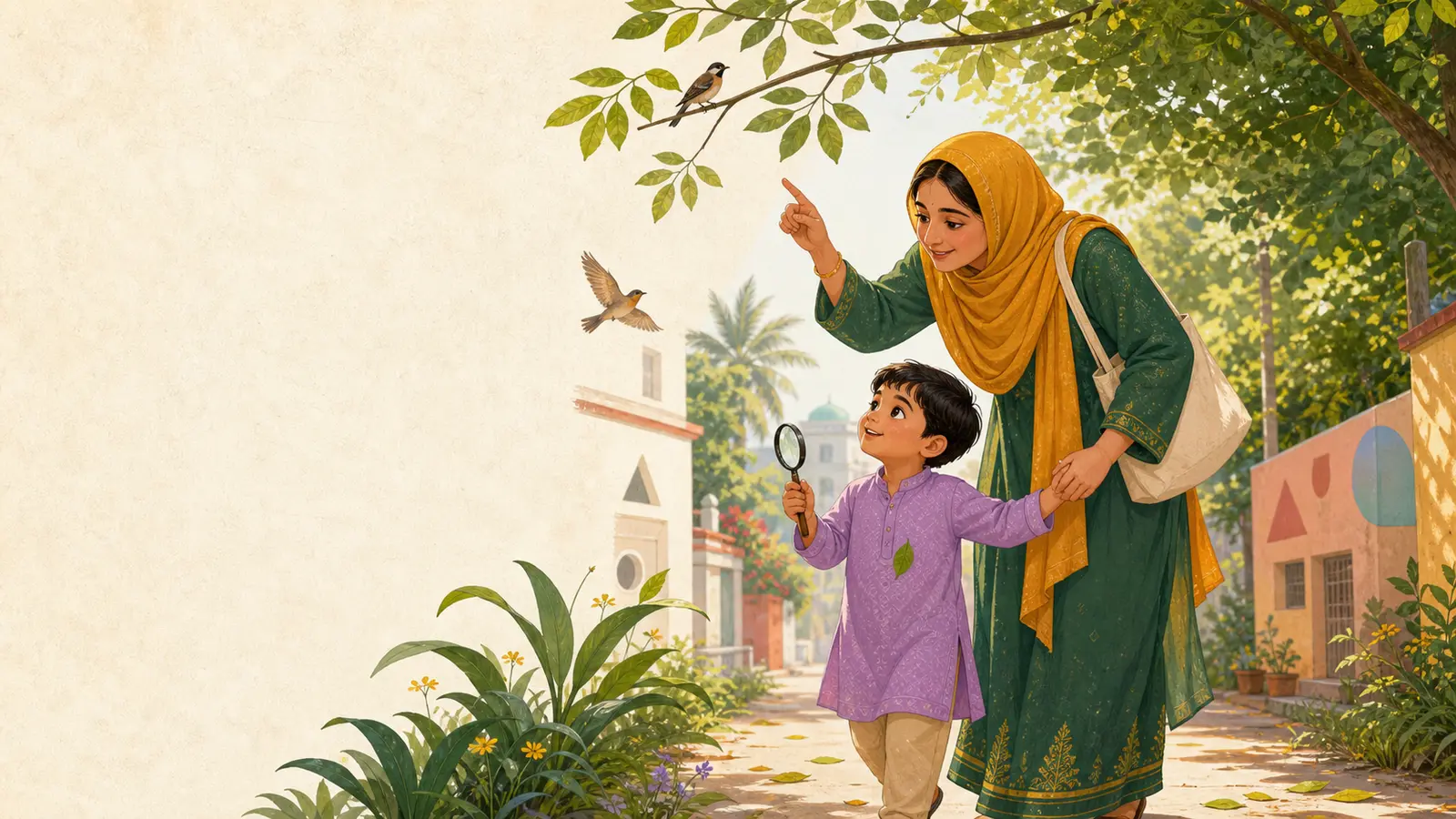 Outdoor play, nature ও neighbourhood learning নিয়ে parent ও শিশুর calm family illustration