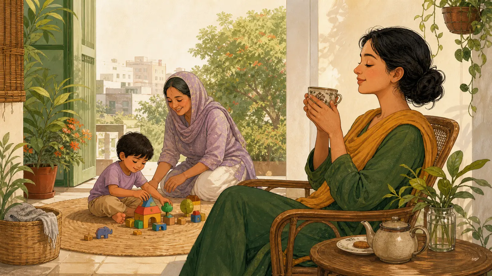 Parent wellbeing, guilt ও sustainable caregiving নিয়ে parent ও শিশুর calm family illustration