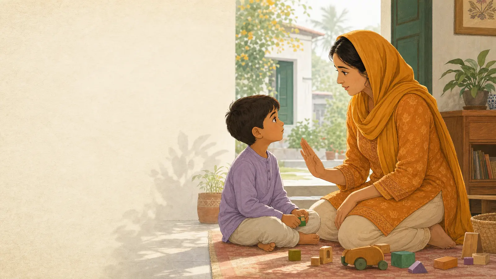 Positive discipline ও respectful boundary নিয়ে parent ও শিশুর calm family illustration