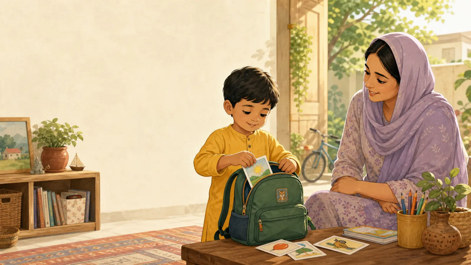 School readiness ও independent learning নিয়ে parent ও শিশুর calm family illustration
