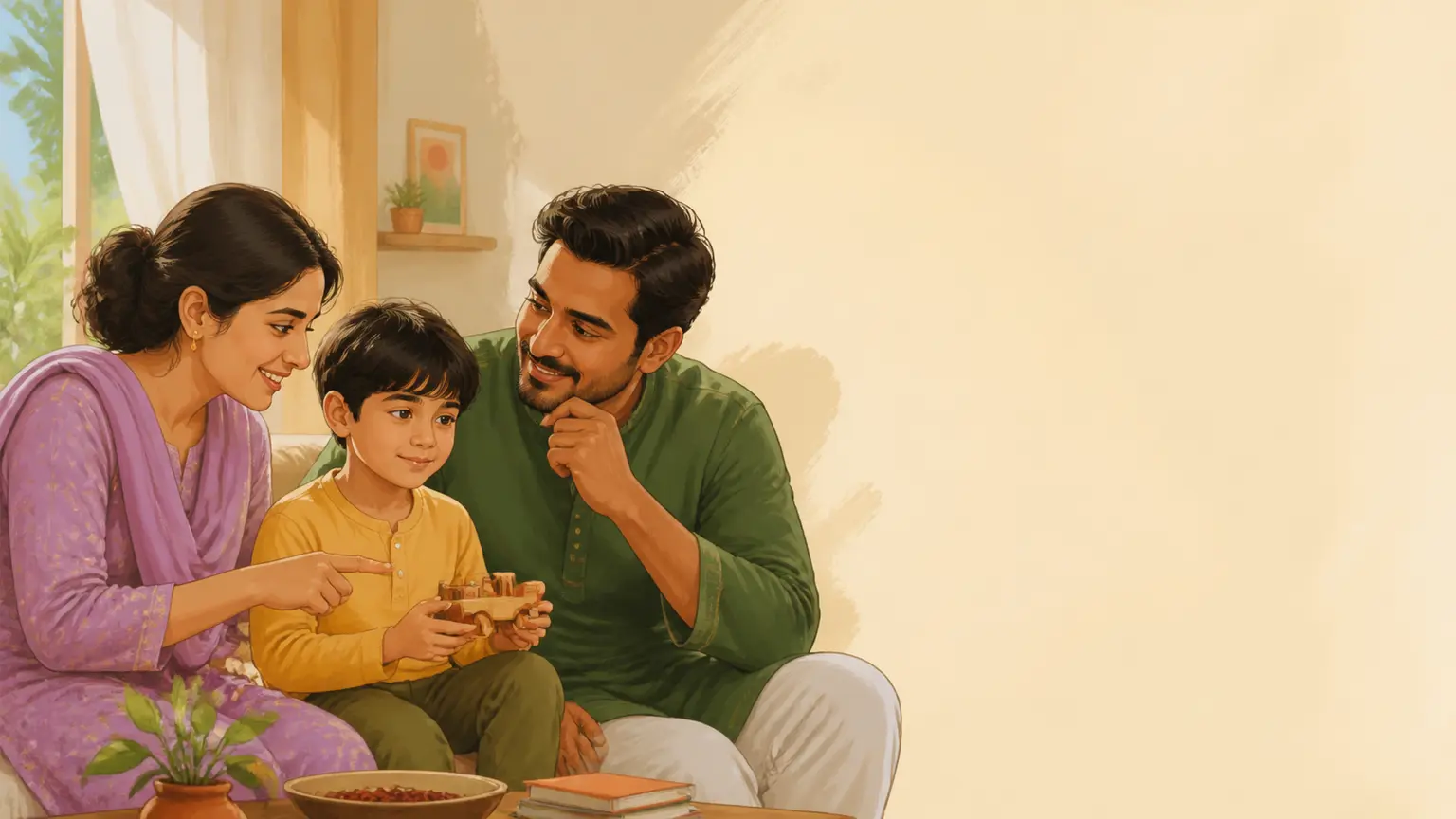 Digital safety ও media literacy নিয়ে parent ও শিশুর calm family illustration