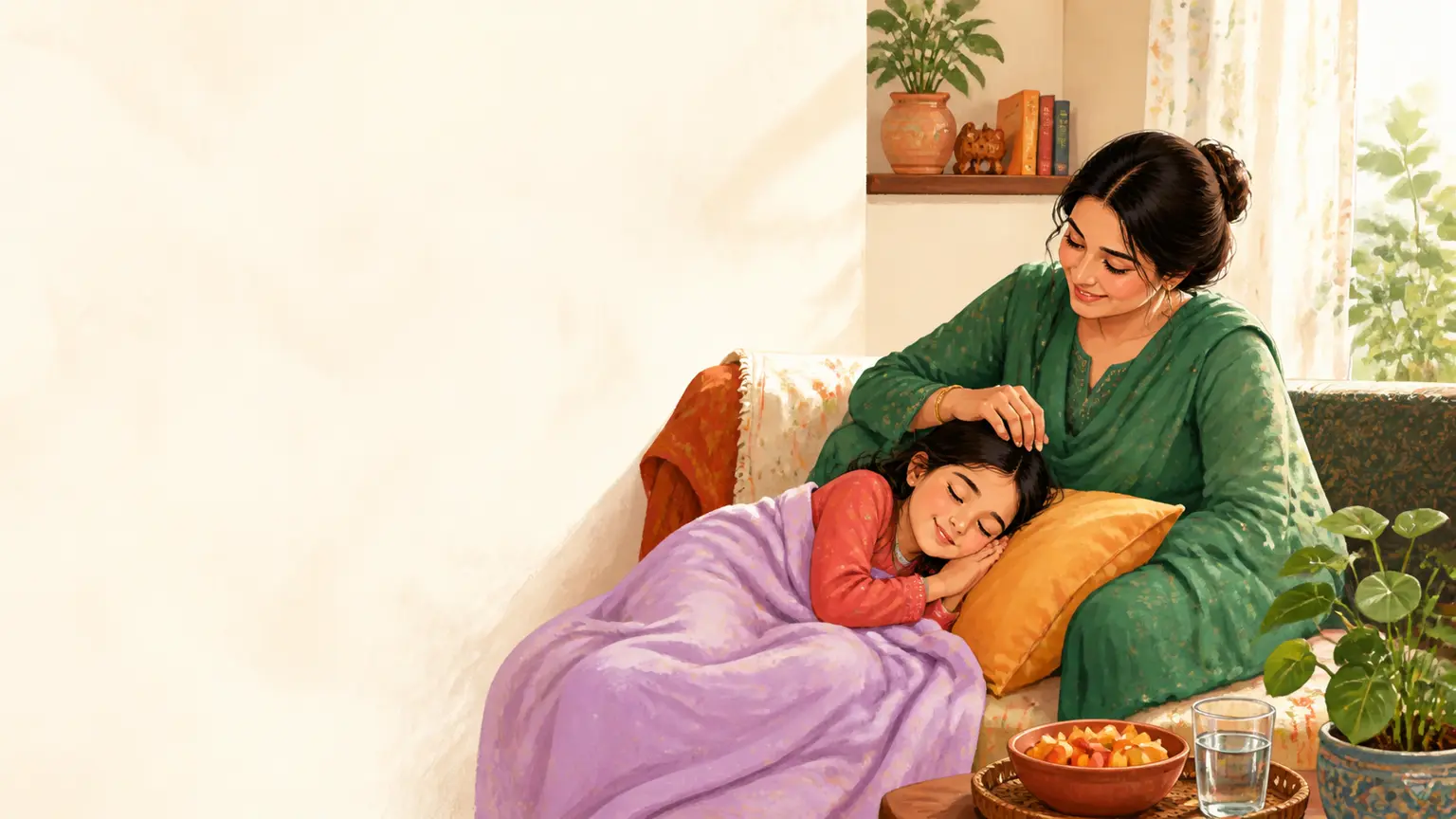 Sleep, movement ও healthy family rhythm নিয়ে parent ও শিশুর calm family illustration