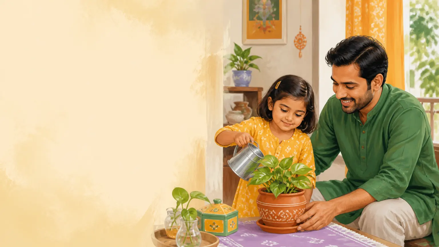 শিশুর ভালো অভ্যাস ও routine নিয়ে parent ও শিশুর calm family illustration
