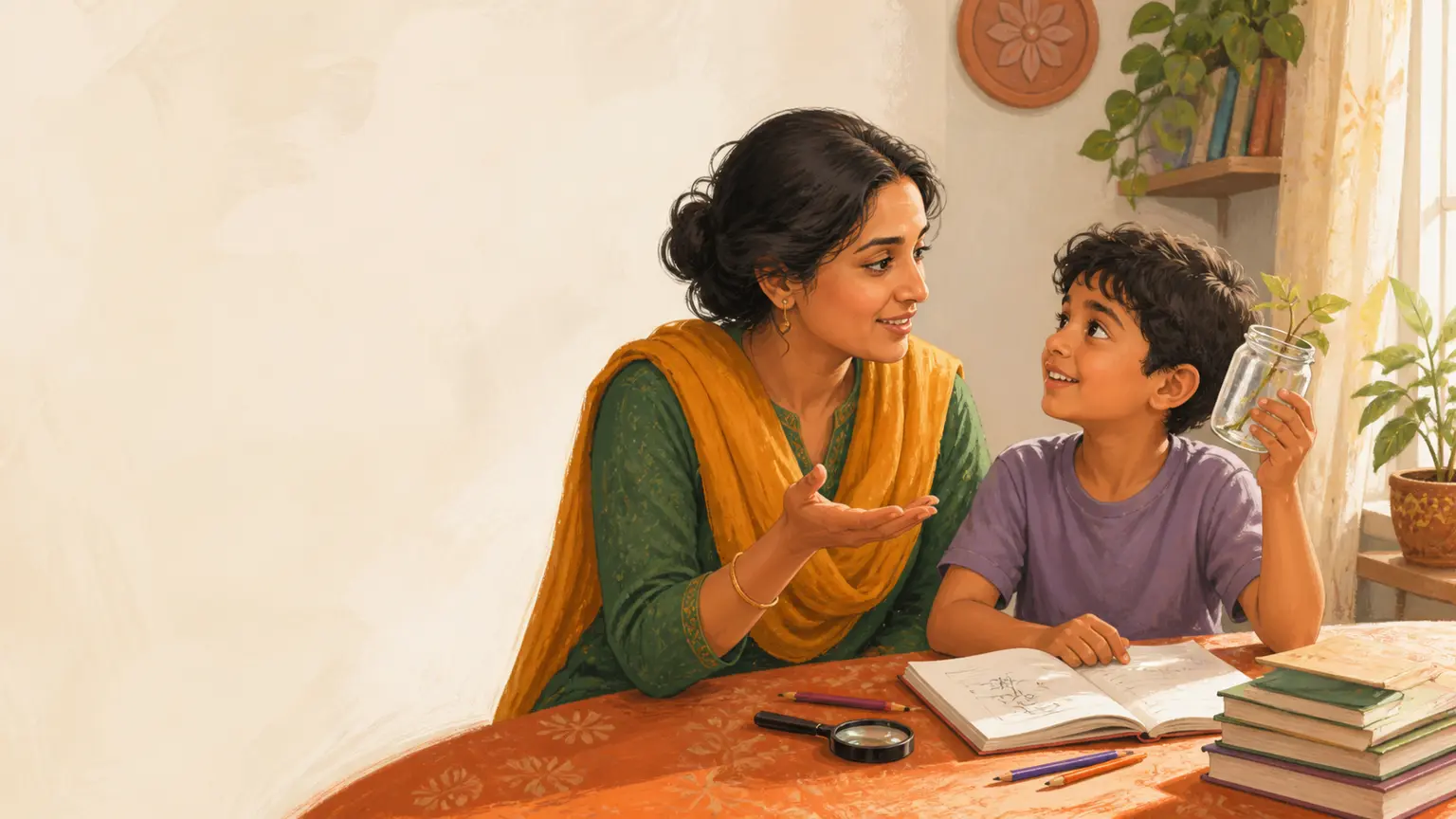 Math, science ও STEM curiosity নিয়ে parent ও শিশুর calm family illustration