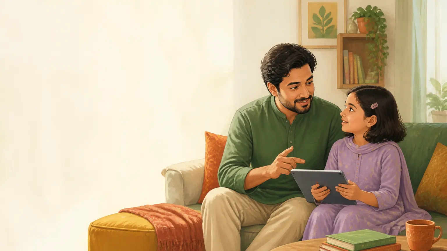 Digital safety ও media literacy নিয়ে parent ও শিশুর calm family illustration