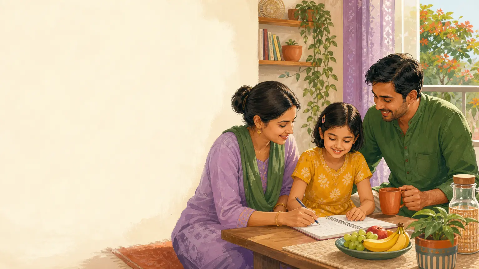 Sleep, movement ও healthy family rhythm নিয়ে parent ও শিশুর calm family illustration