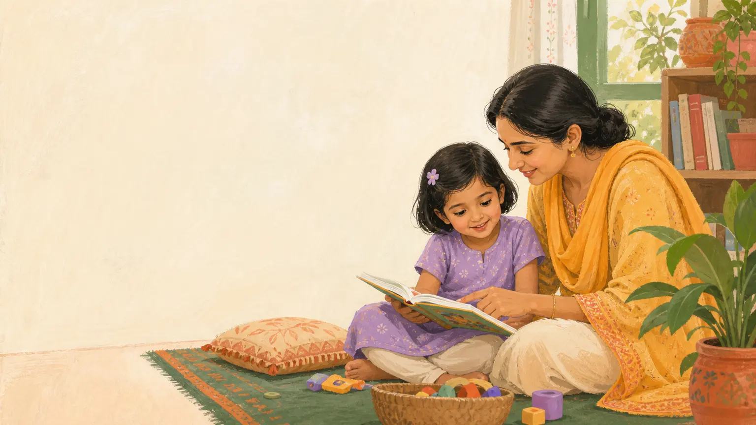 বাংলা ভাষা, গল্প ও reading নিয়ে parent ও শিশুর calm family illustration