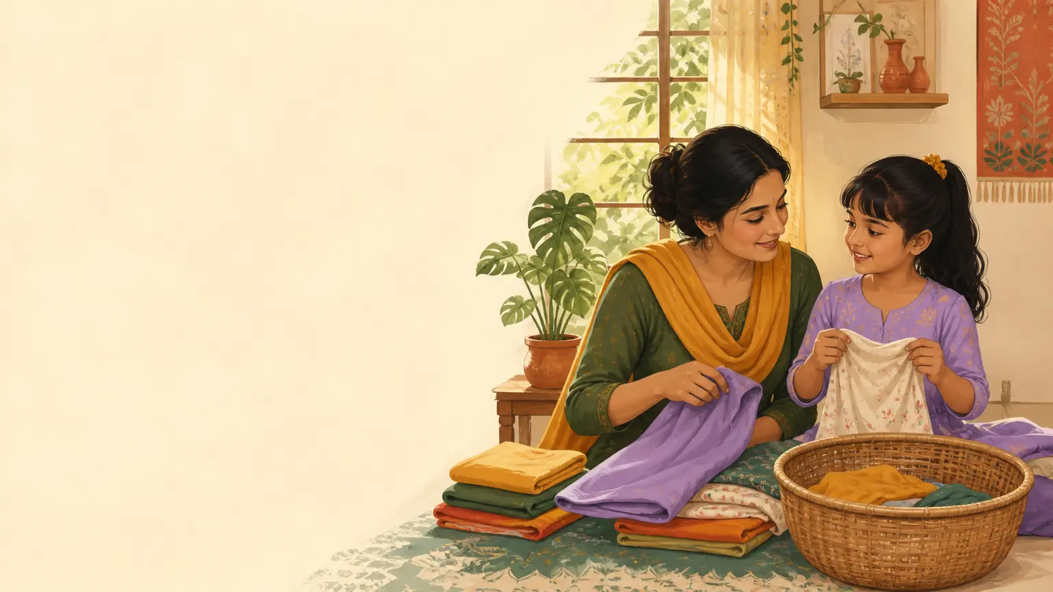 বাংলা ভাষা, গল্প ও reading নিয়ে parent ও শিশুর calm family illustration