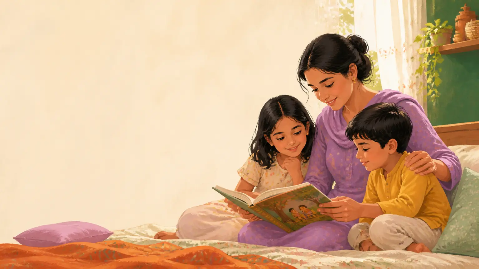 Screen routine ও mobile balance নিয়ে parent ও শিশুর calm family illustration