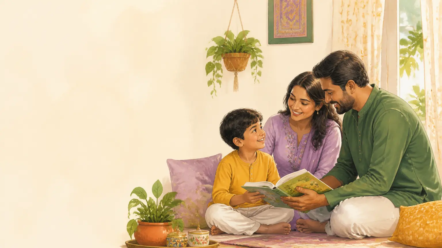 বাংলা ভাষা, গল্প ও reading নিয়ে parent ও শিশুর calm family illustration