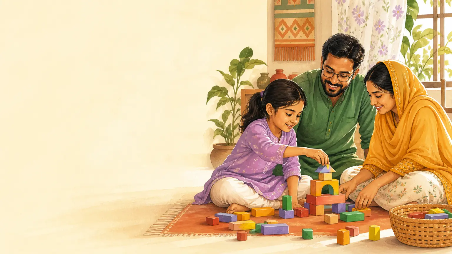 Math, science ও STEM curiosity নিয়ে parent ও শিশুর calm family illustration