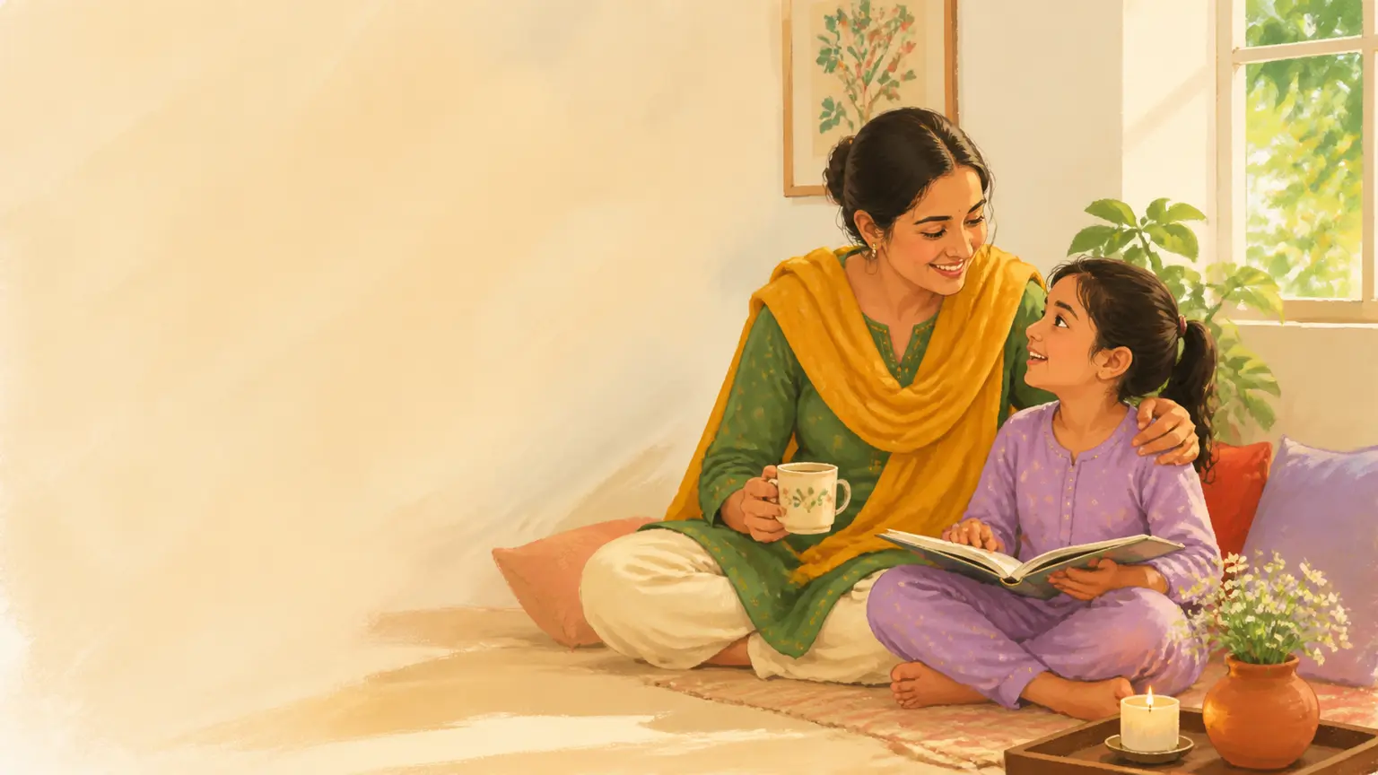 Screen routine ও mobile balance নিয়ে parent ও শিশুর calm family illustration