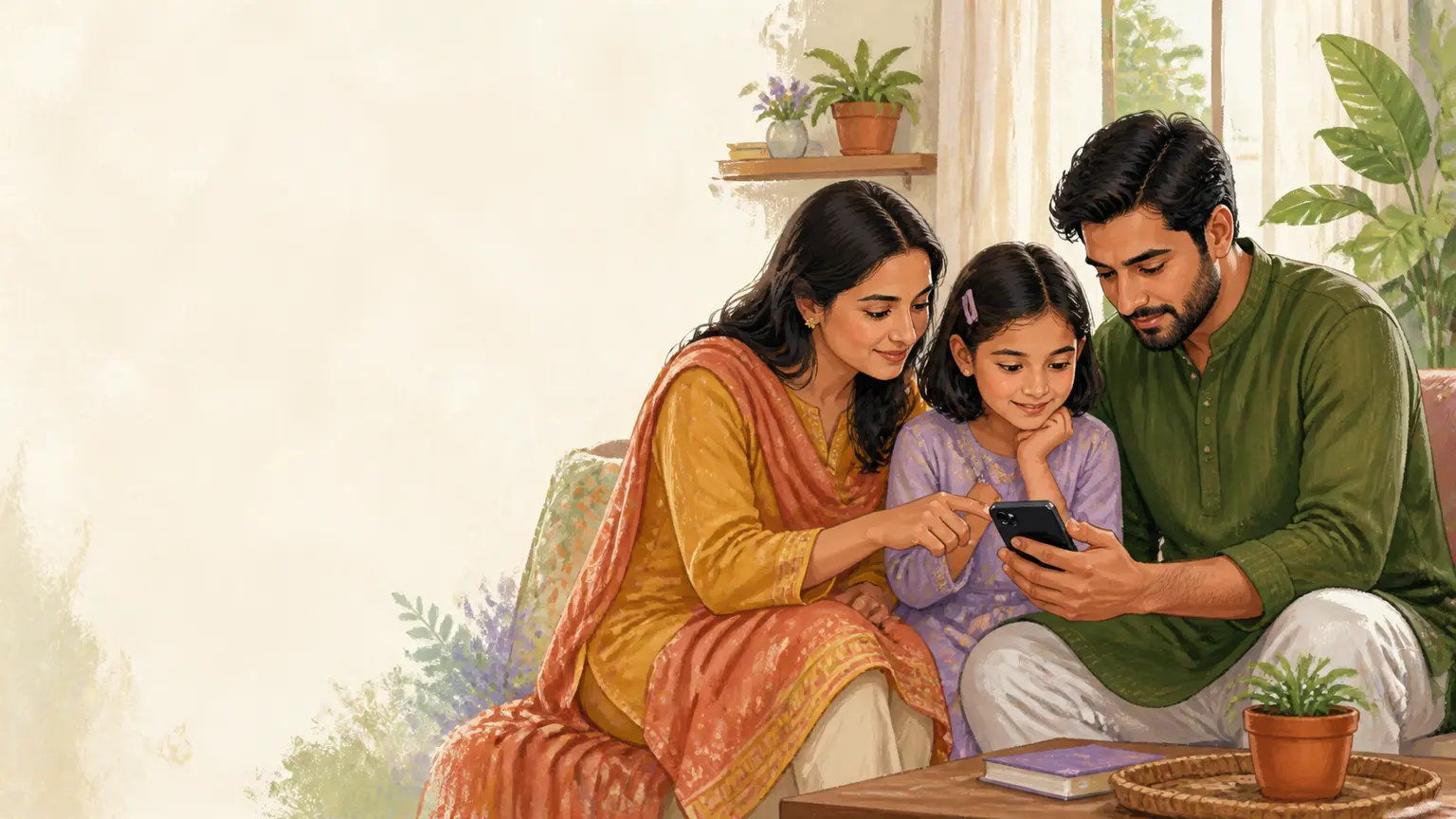 Digital safety ও media literacy নিয়ে parent ও শিশুর calm family illustration