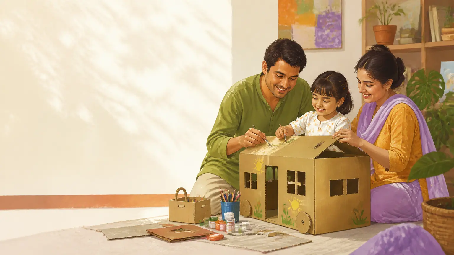 Creativity, art ও open-ended play নিয়ে parent ও শিশুর calm family illustration