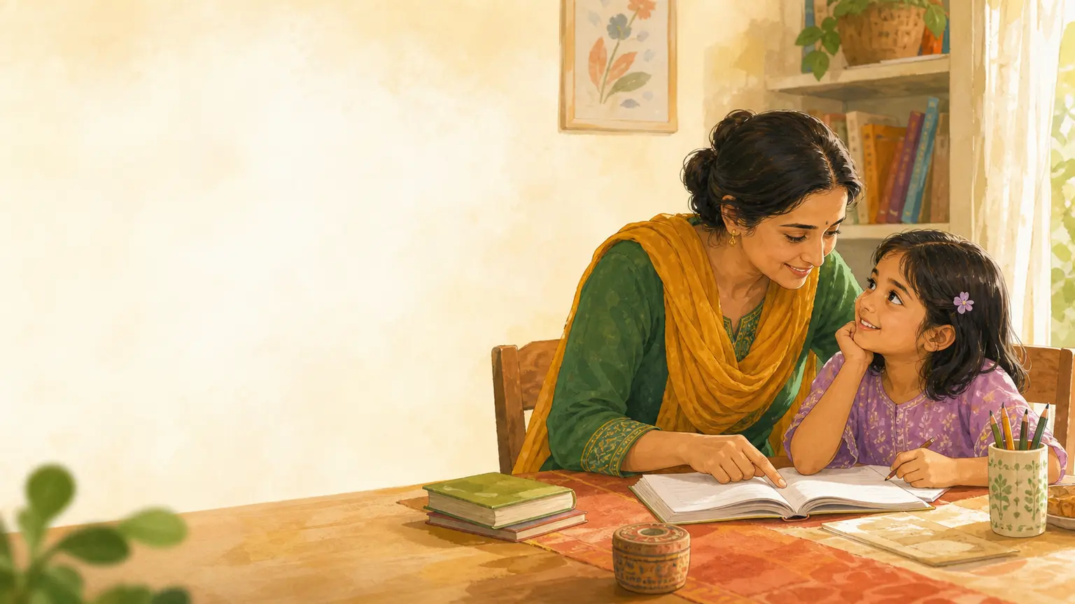 Learning, focus ও pressure-free progress নিয়ে parent ও শিশুর calm family illustration