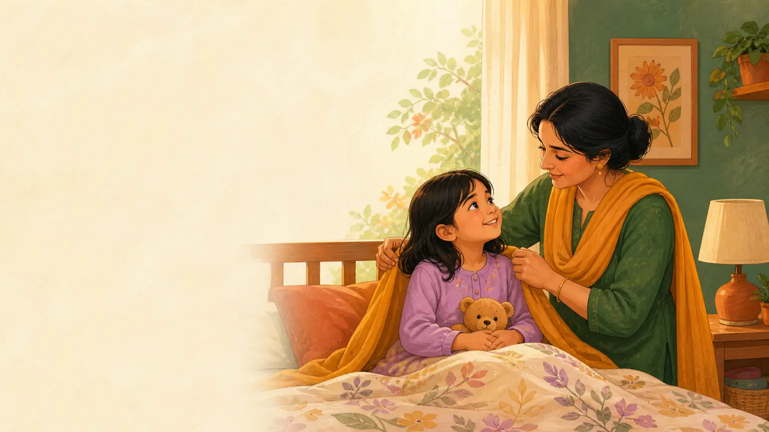 Sleep, movement ও healthy family rhythm নিয়ে parent ও শিশুর calm family illustration