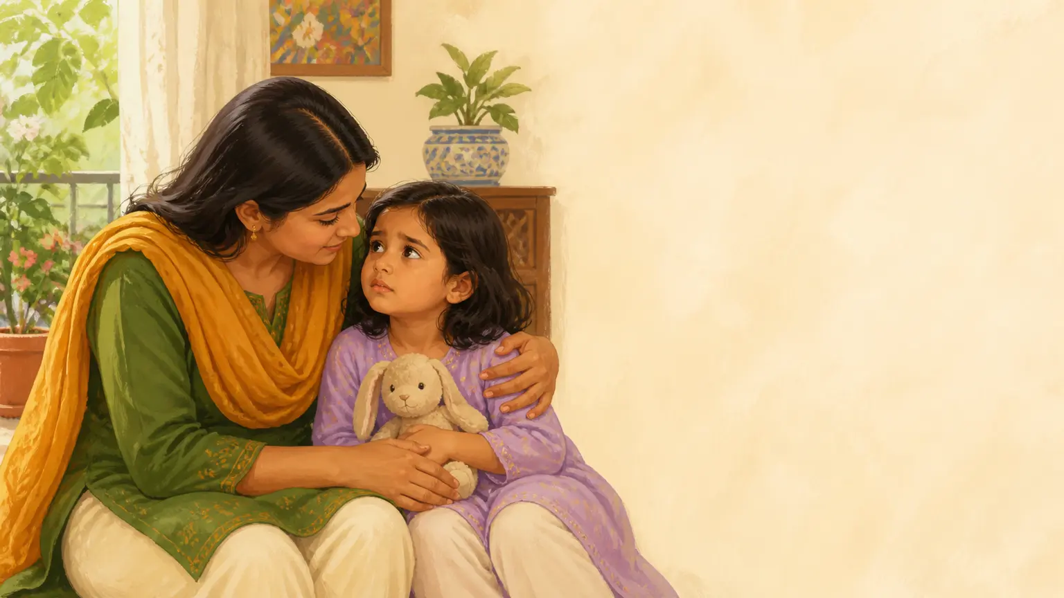 Emotion, confidence ও social skill নিয়ে parent ও শিশুর calm family illustration