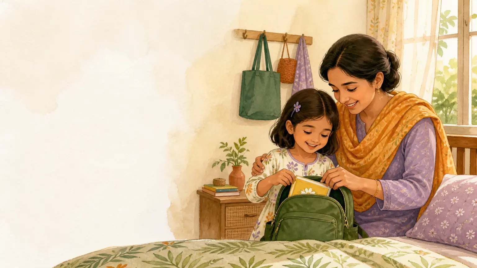 শিশুর ভালো অভ্যাস ও routine নিয়ে parent ও শিশুর calm family illustration