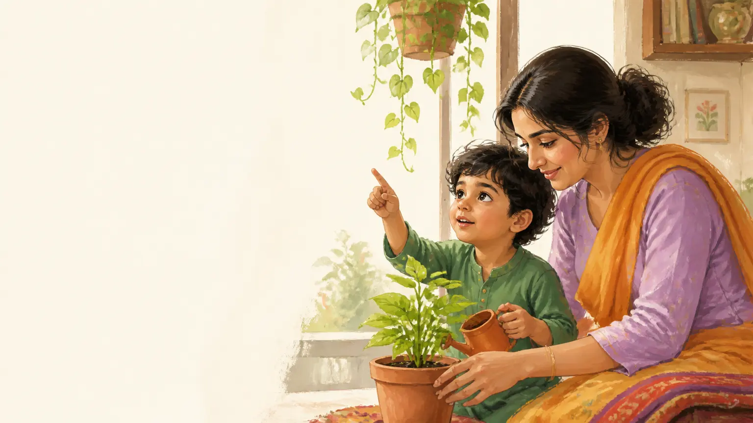 Learning, focus ও pressure-free progress নিয়ে parent ও শিশুর calm family illustration