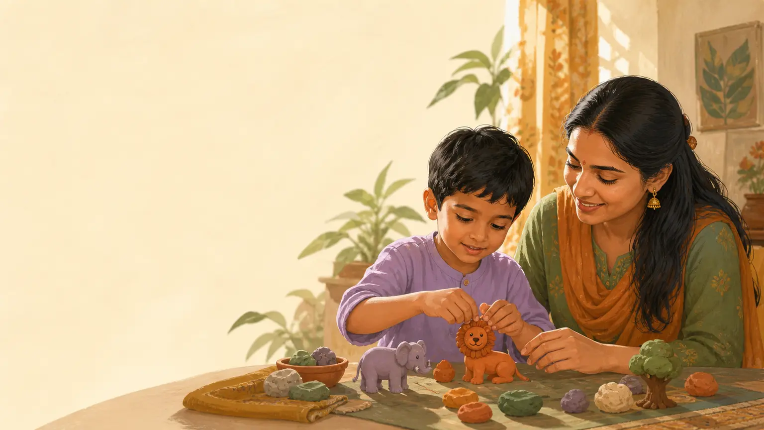 Creativity, art ও open-ended play নিয়ে parent ও শিশুর calm family illustration