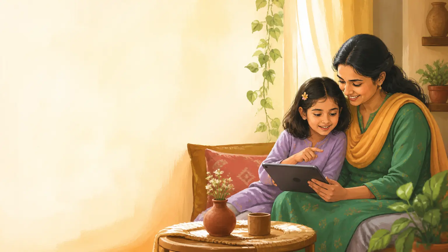 Digital safety ও media literacy নিয়ে parent ও শিশুর calm family illustration