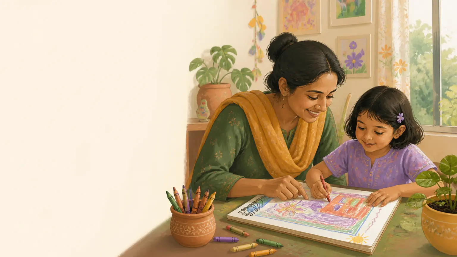 Creativity, art ও open-ended play নিয়ে parent ও শিশুর calm family illustration