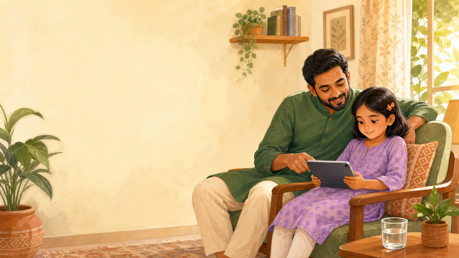 Sleep, movement ও healthy family rhythm নিয়ে parent ও শিশুর calm family illustration