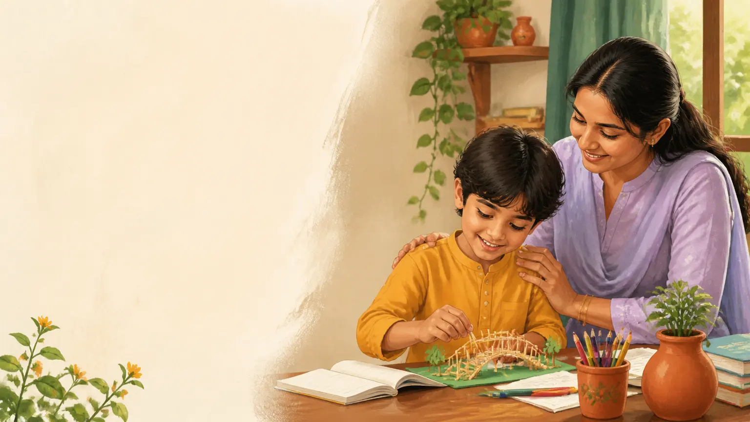Emotion, confidence ও social skill নিয়ে parent ও শিশুর calm family illustration