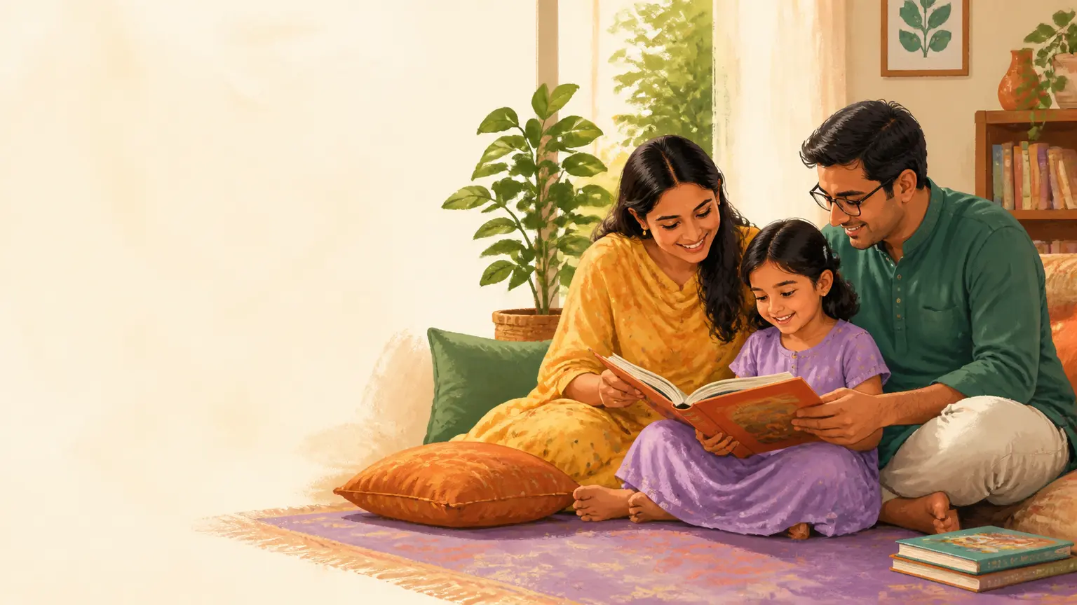 বাংলা ভাষা, গল্প ও reading নিয়ে parent ও শিশুর calm family illustration