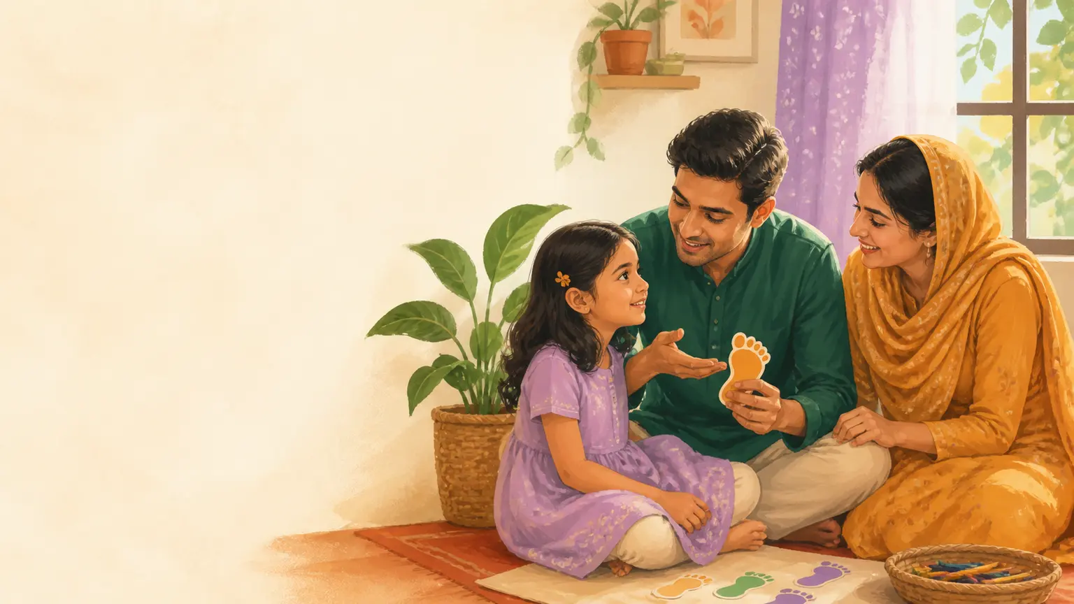 Digital safety ও media literacy নিয়ে parent ও শিশুর calm family illustration