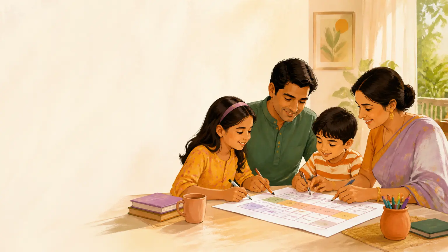 Screen routine ও mobile balance নিয়ে parent ও শিশুর calm family illustration
