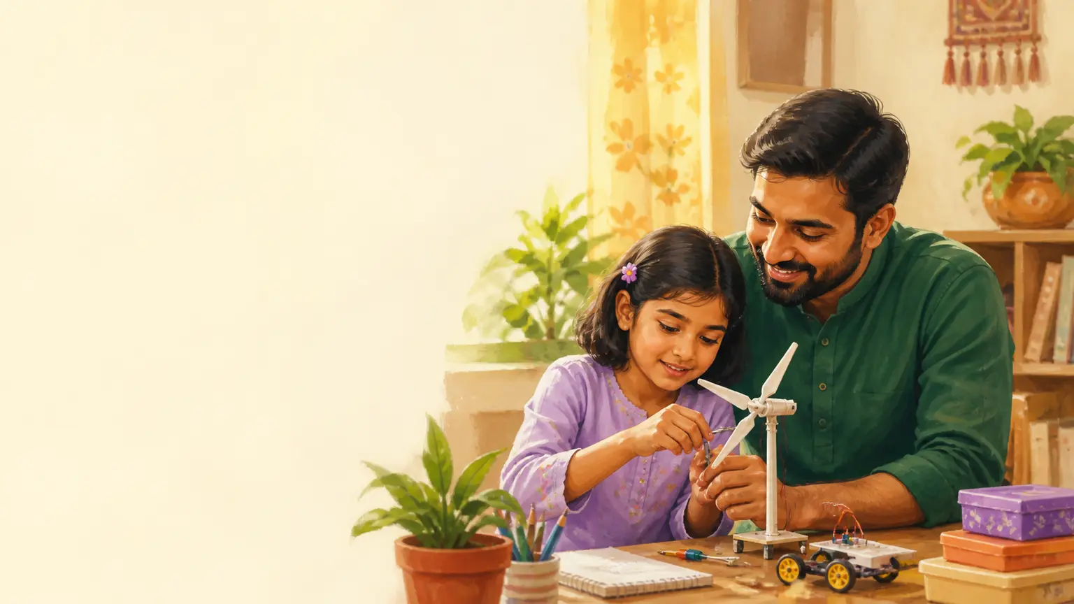 Math, science ও STEM curiosity নিয়ে parent ও শিশুর calm family illustration