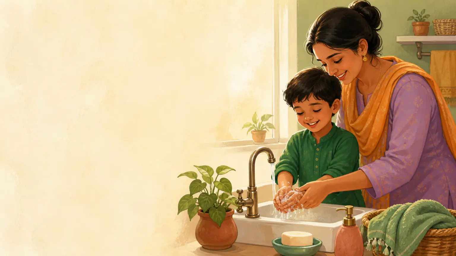 শিশুর ভালো অভ্যাস ও routine নিয়ে parent ও শিশুর calm family illustration