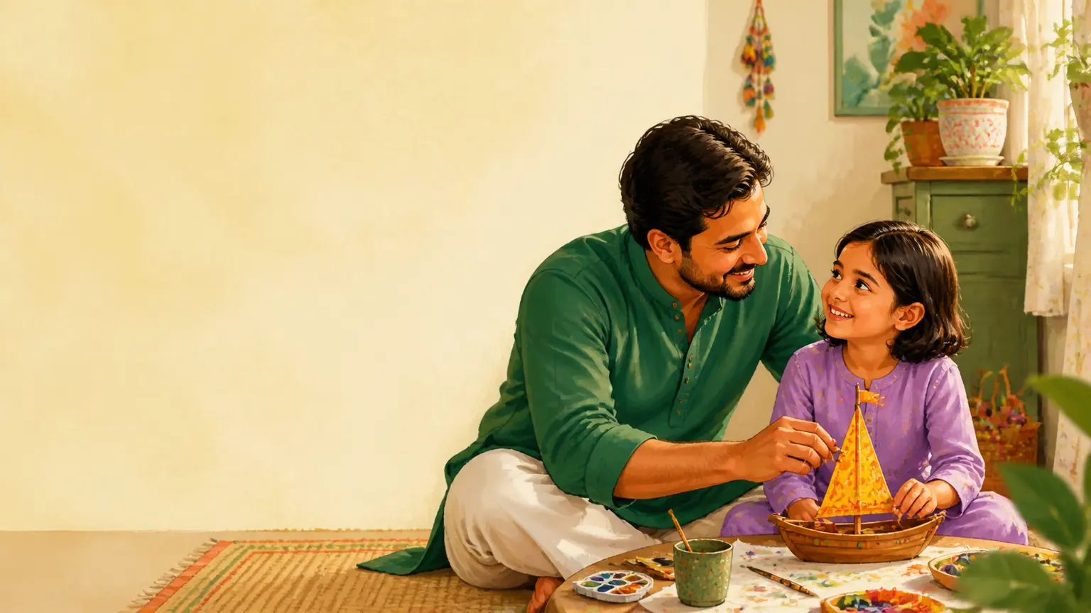 Creativity, art ও open-ended play নিয়ে parent ও শিশুর calm family illustration