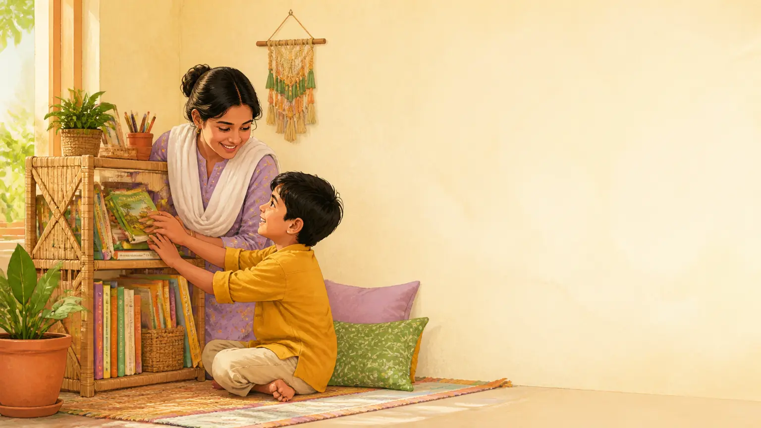 বাংলা ভাষা, গল্প ও reading নিয়ে parent ও শিশুর calm family illustration