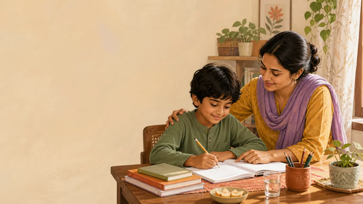 শিশুর ভালো অভ্যাস ও routine নিয়ে parent ও শিশুর calm family illustration