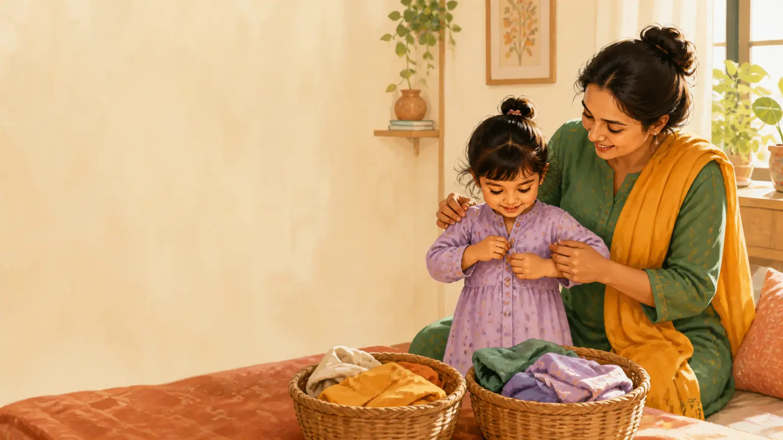 শিশুর ভালো অভ্যাস ও routine নিয়ে parent ও শিশুর calm family illustration