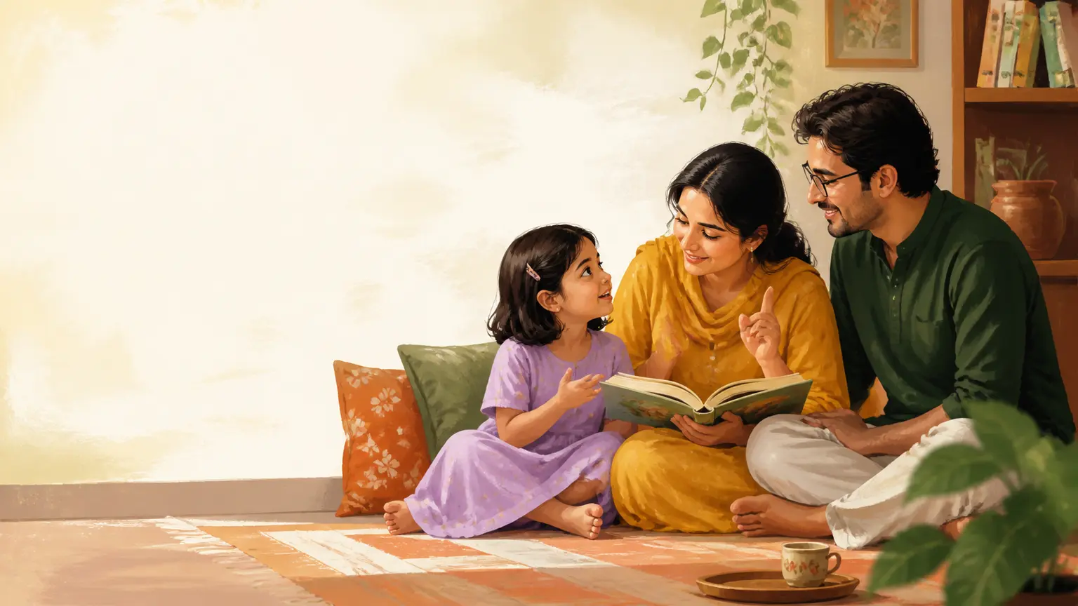 বাংলা ভাষা, গল্প ও reading নিয়ে parent ও শিশুর calm family illustration