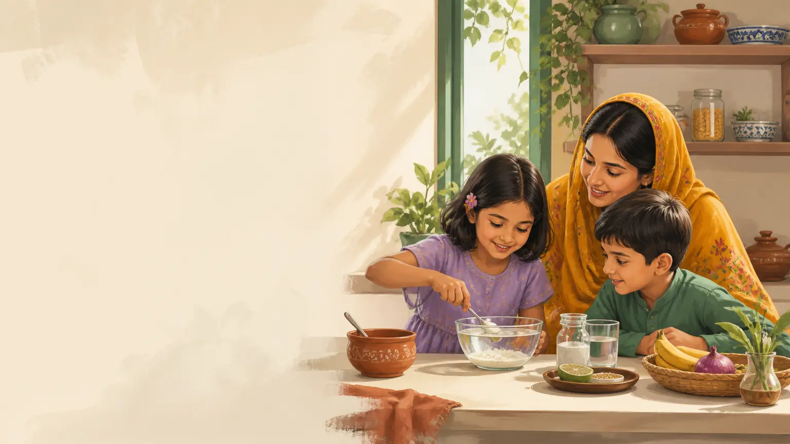 Math, science ও STEM curiosity নিয়ে parent ও শিশুর calm family illustration