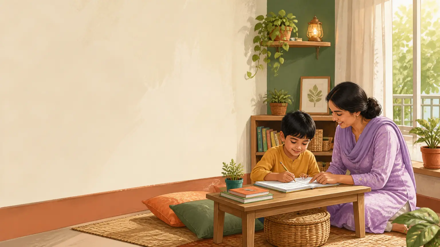 Learning, focus ও pressure-free progress নিয়ে parent ও শিশুর calm family illustration