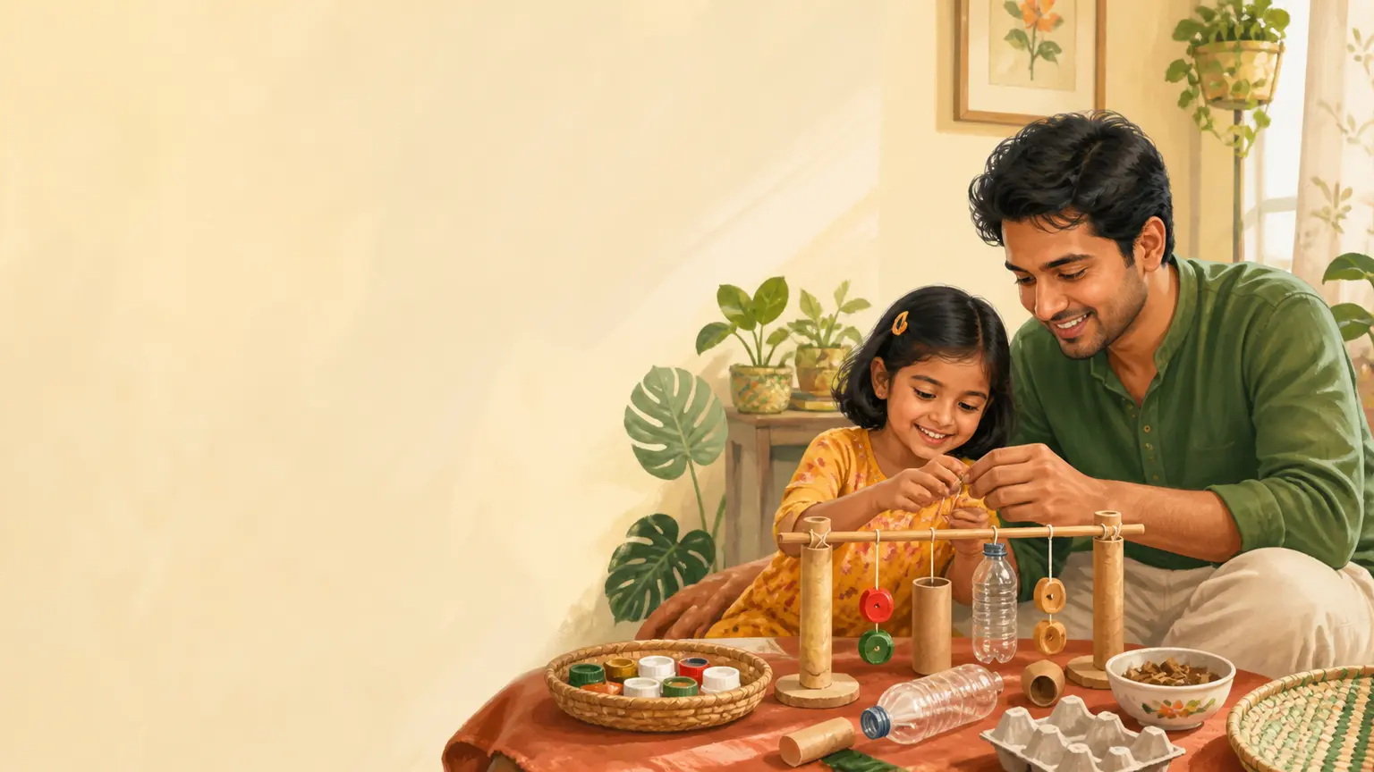 Learning, focus ও pressure-free progress নিয়ে parent ও শিশুর calm family illustration