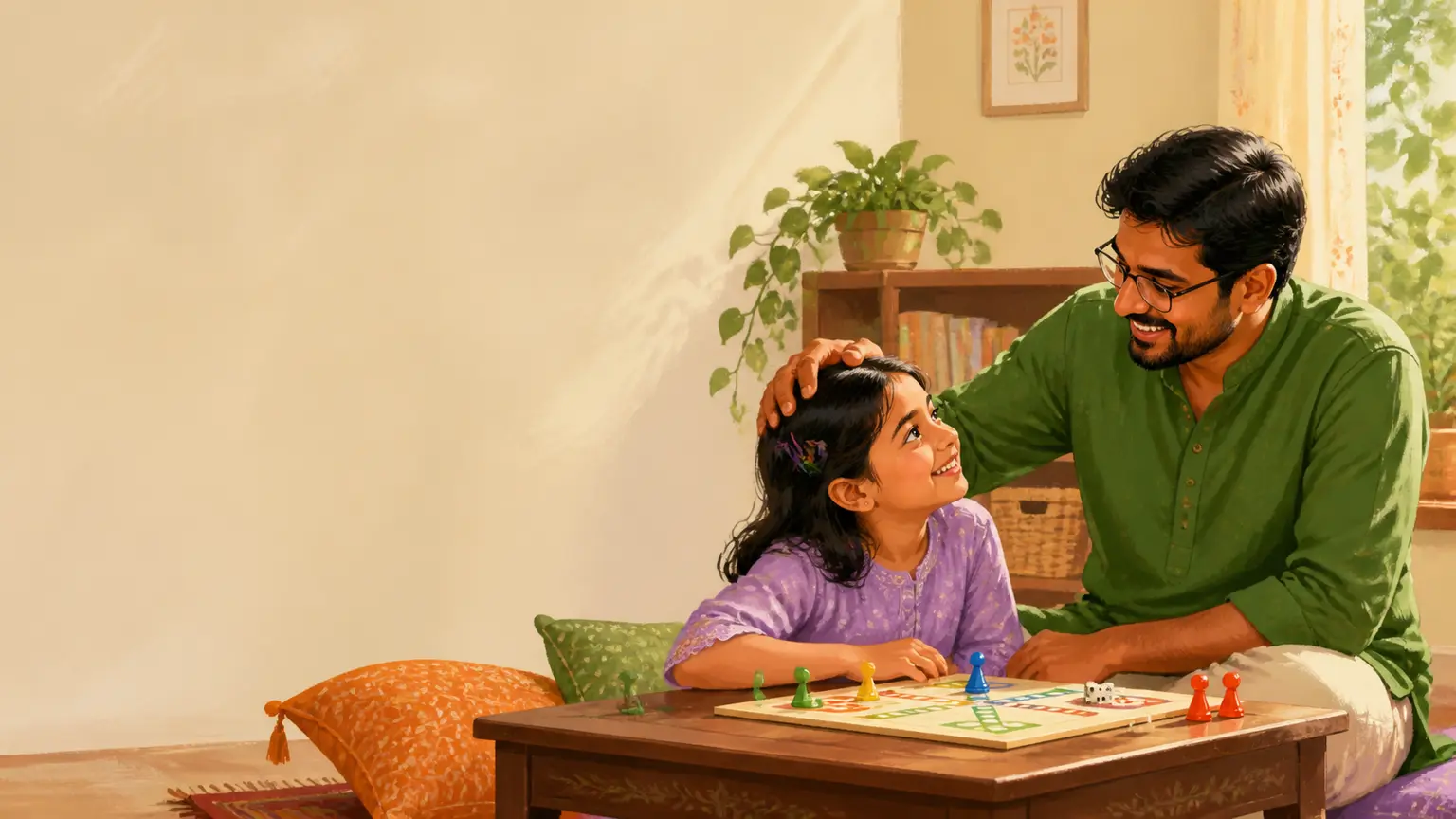 Emotion, confidence ও social skill নিয়ে parent ও শিশুর calm family illustration