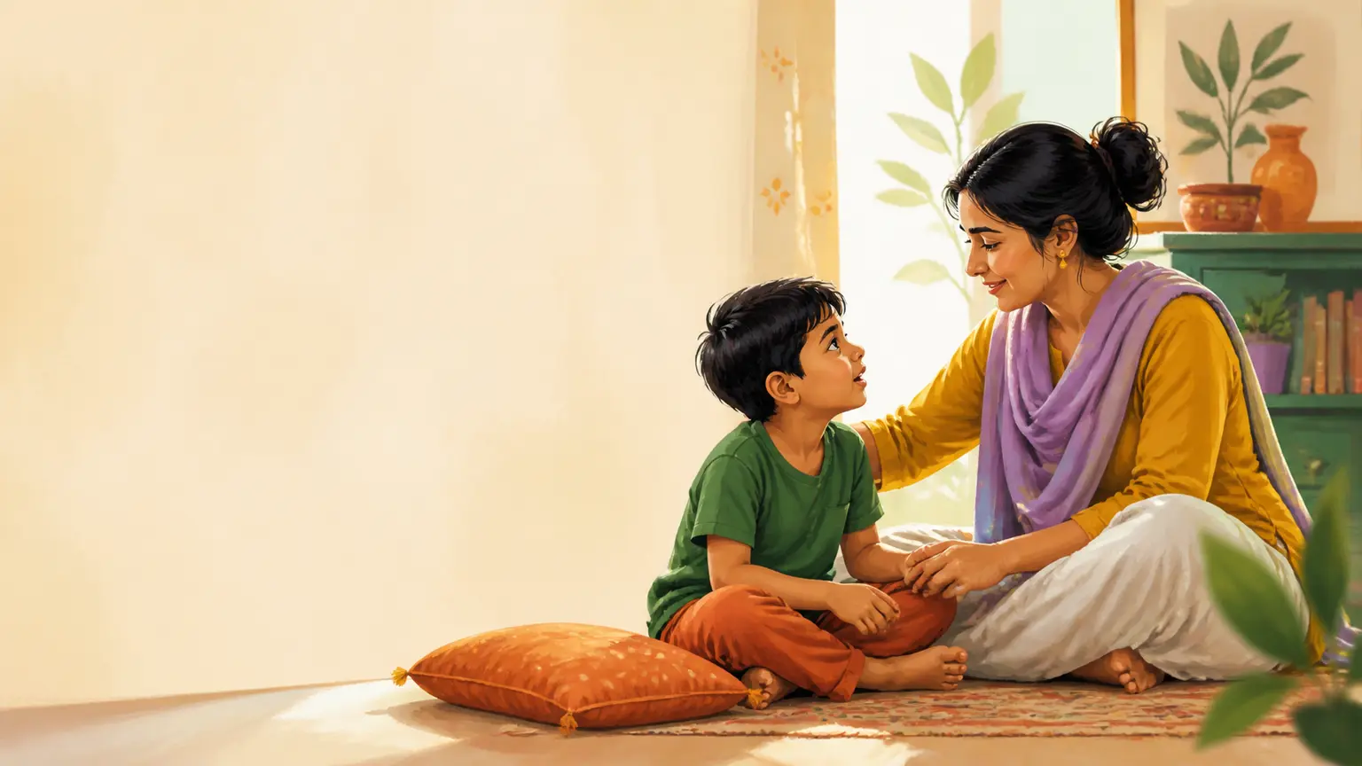 Emotion, confidence ও social skill নিয়ে parent ও শিশুর calm family illustration