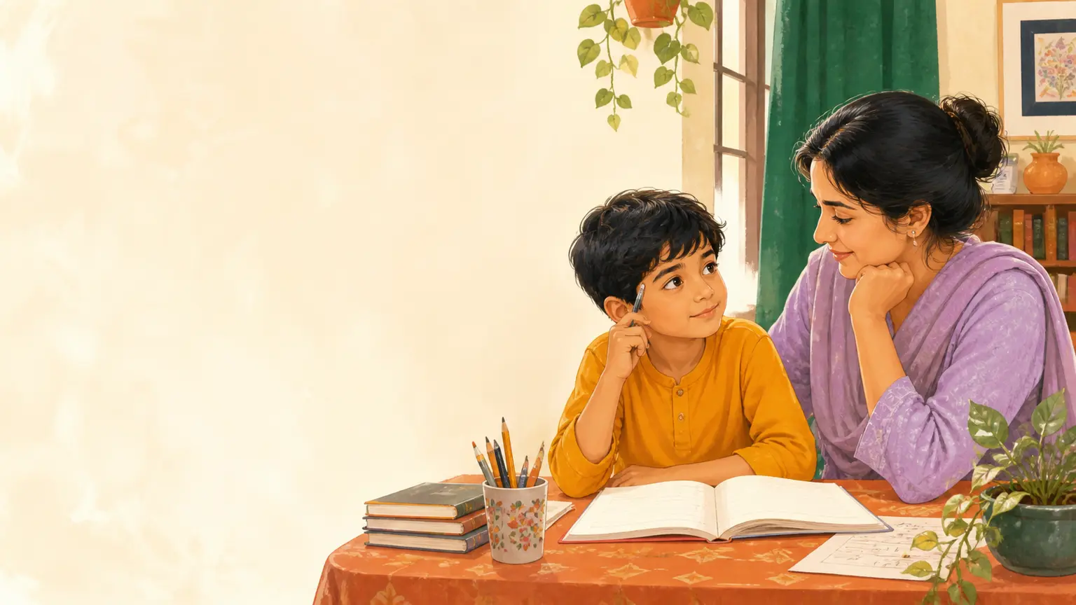 Learning, focus ও pressure-free progress নিয়ে parent ও শিশুর calm family illustration