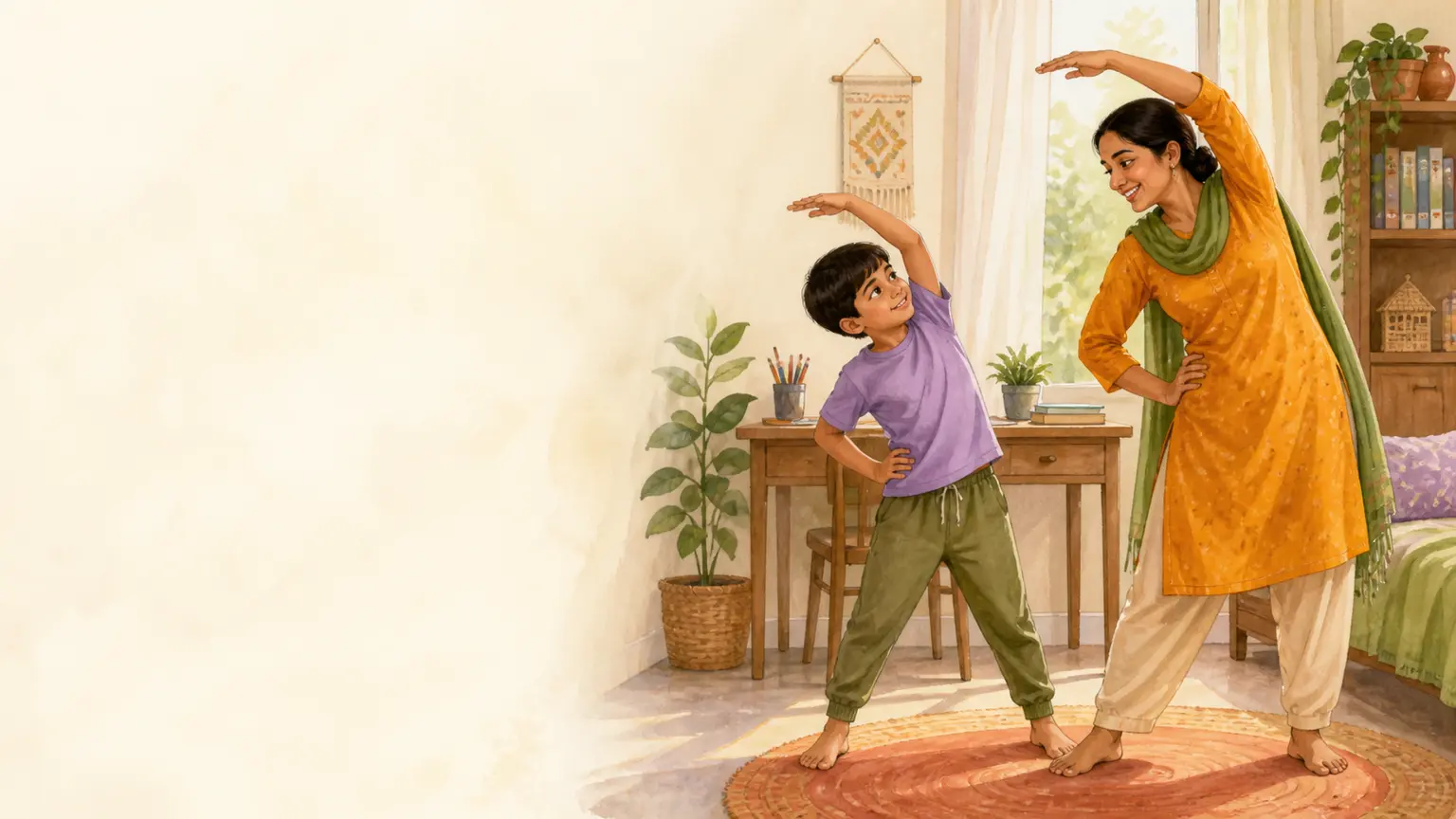 Learning, focus ও pressure-free progress নিয়ে parent ও শিশুর calm family illustration