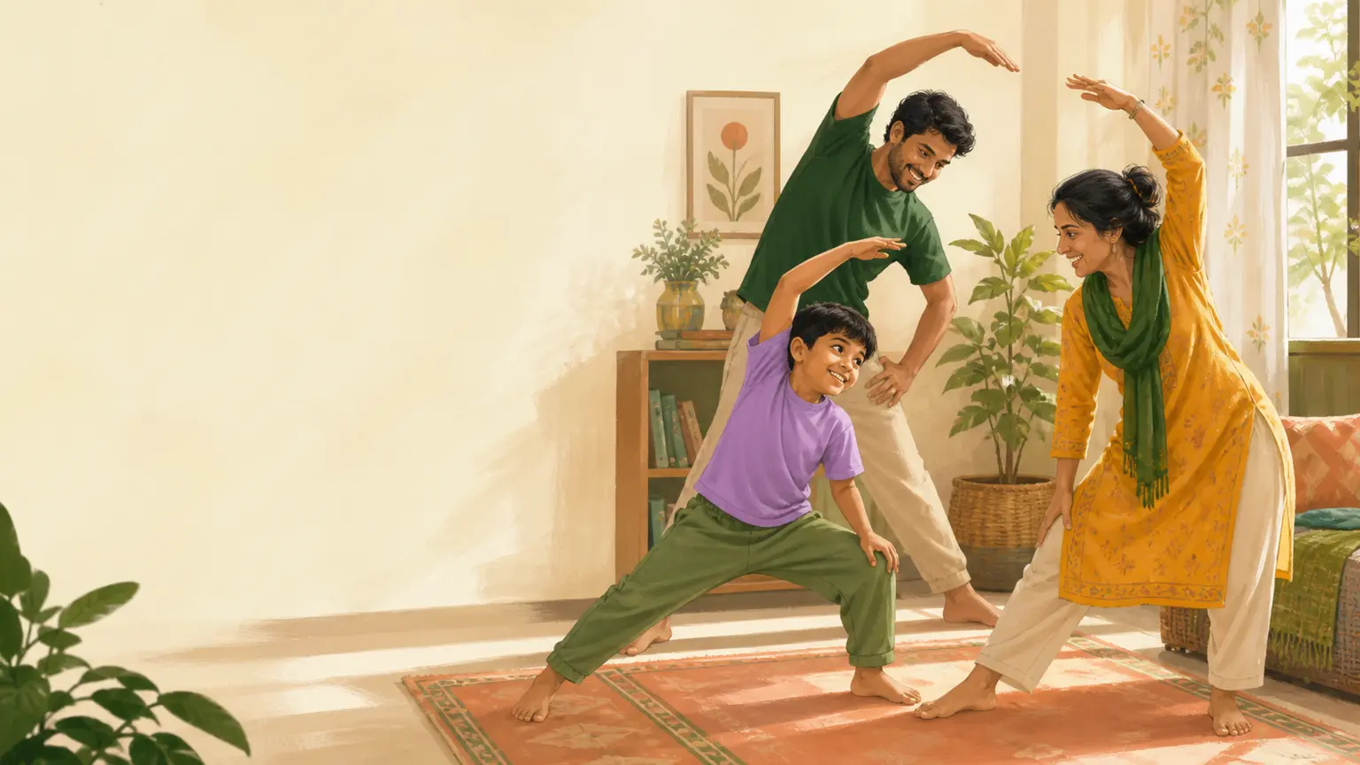Sleep, movement ও healthy family rhythm নিয়ে parent ও শিশুর calm family illustration