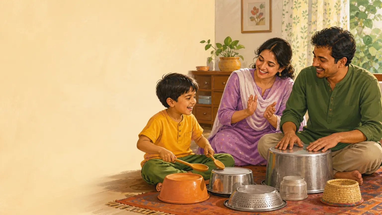 Creativity, art ও open-ended play নিয়ে parent ও শিশুর calm family illustration