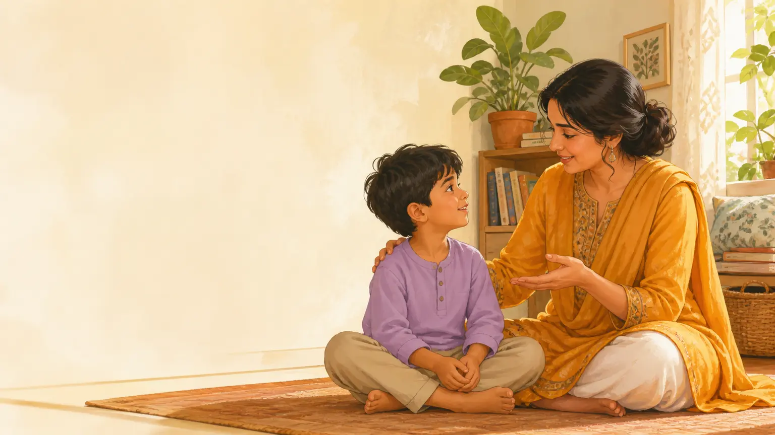 Emotion, confidence ও social skill নিয়ে parent ও শিশুর calm family illustration